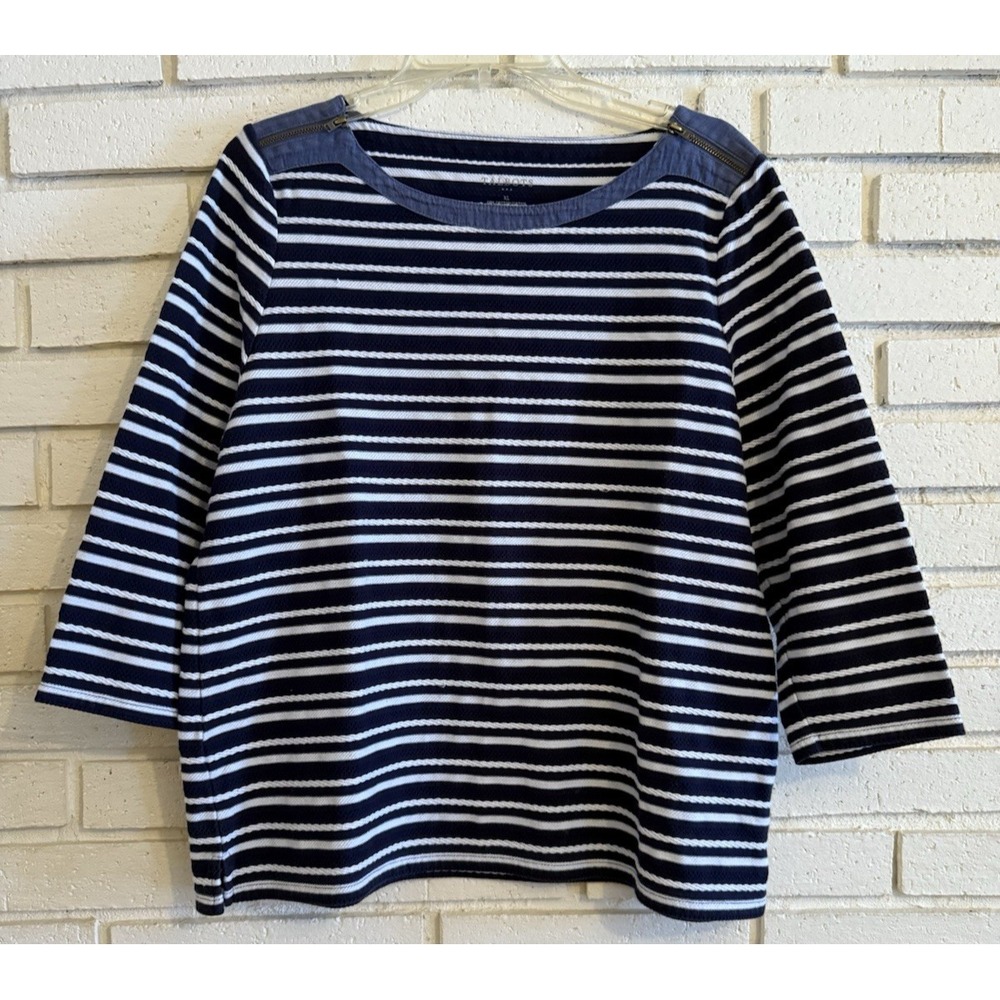 Talbots Top Boatneck Size XL Blue & White Stripe Zip Shoulders Nautical